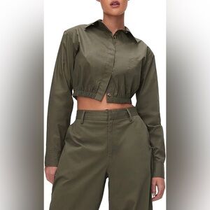 GOOD AMERICAN $159 Long Sleeve Coated Poplin Crop Button Up Shirt